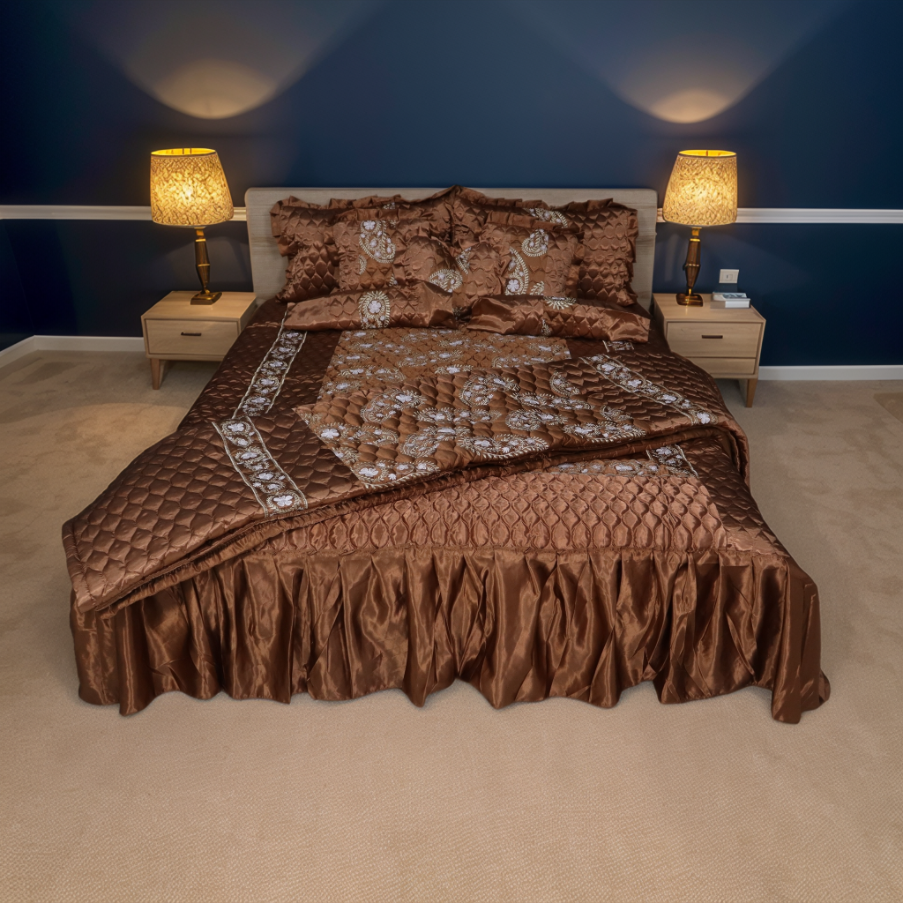 Ruby Silk 9 Pieces Embroidered Bed Set - Copper Bliss