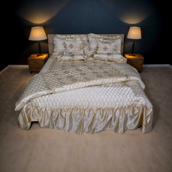 Ruby Silk 9 Pieces Embroidered Bed Set - Ivory Bliss