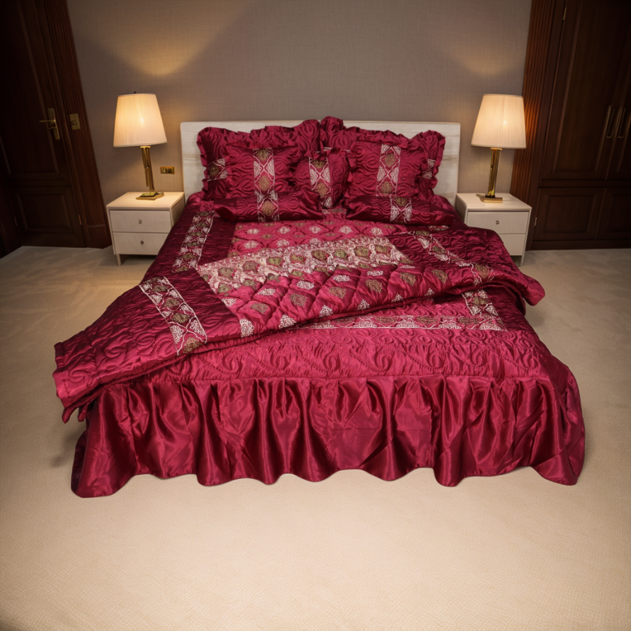 Ruby Silk 9 Pieces Embroidered Bed Set - Rose Bliss