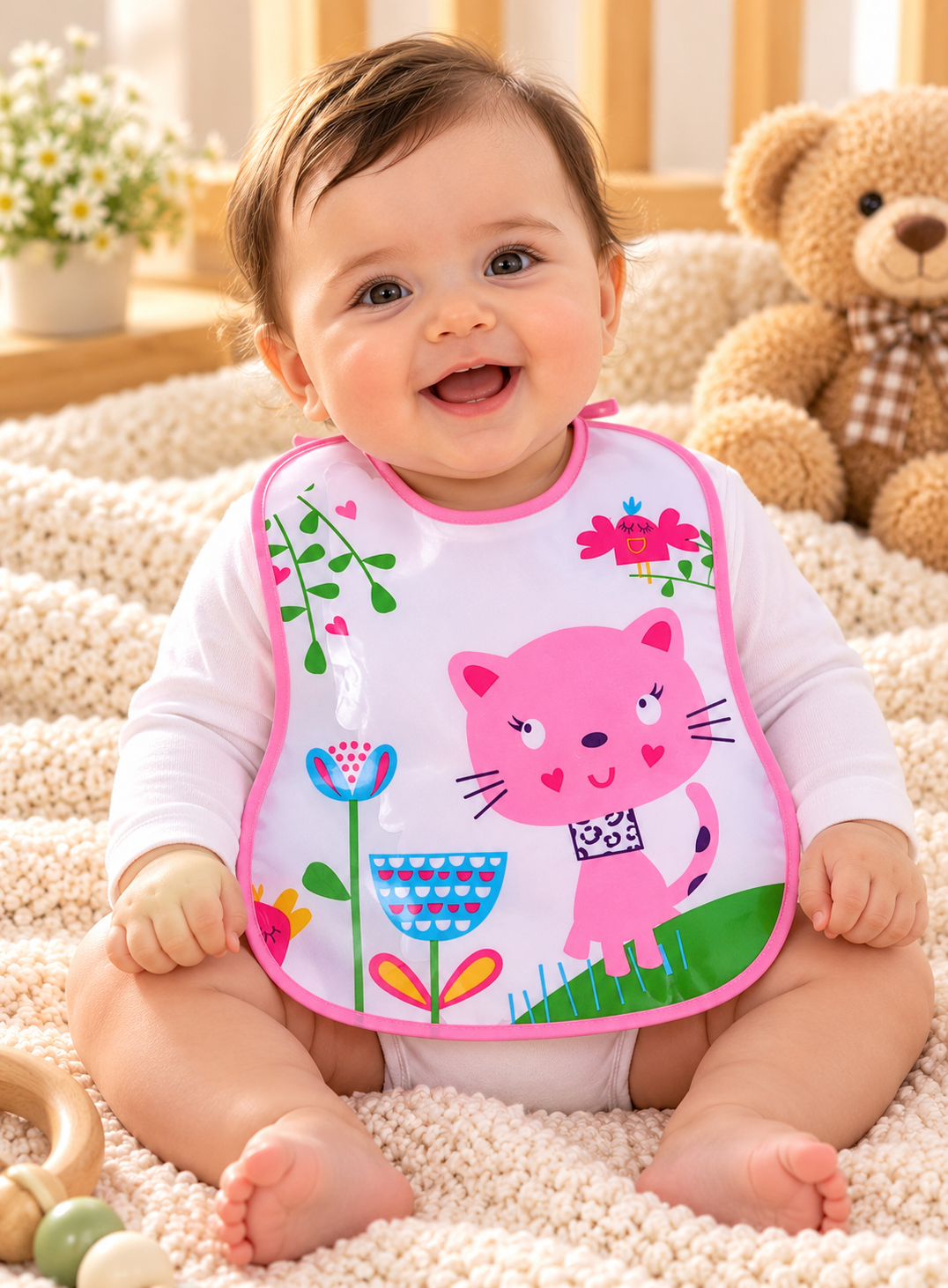 Mom's Hug Plastic Baby Bib - Pink Lady Bug