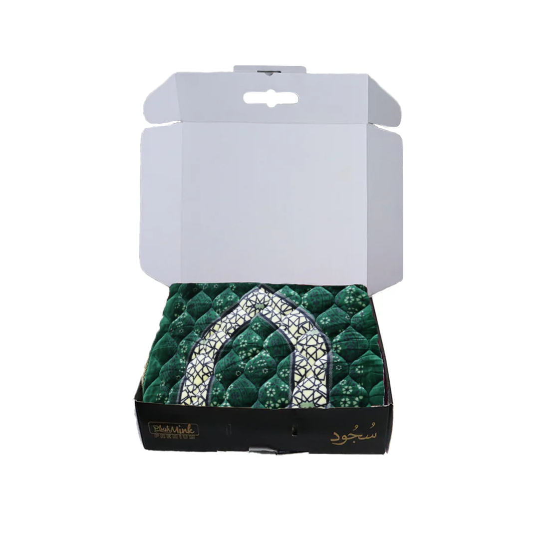 Green patterned product in a white packaging box on a white background