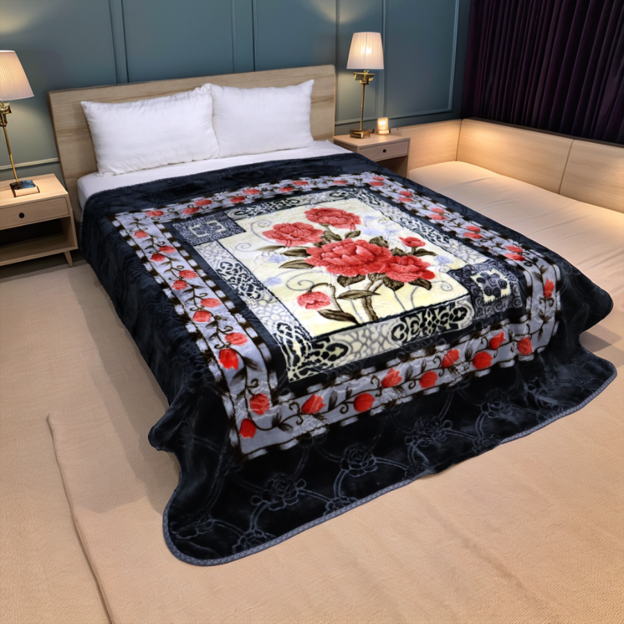 Floral patterned blanket on a bed in a bedroom setting online in Pakistan 