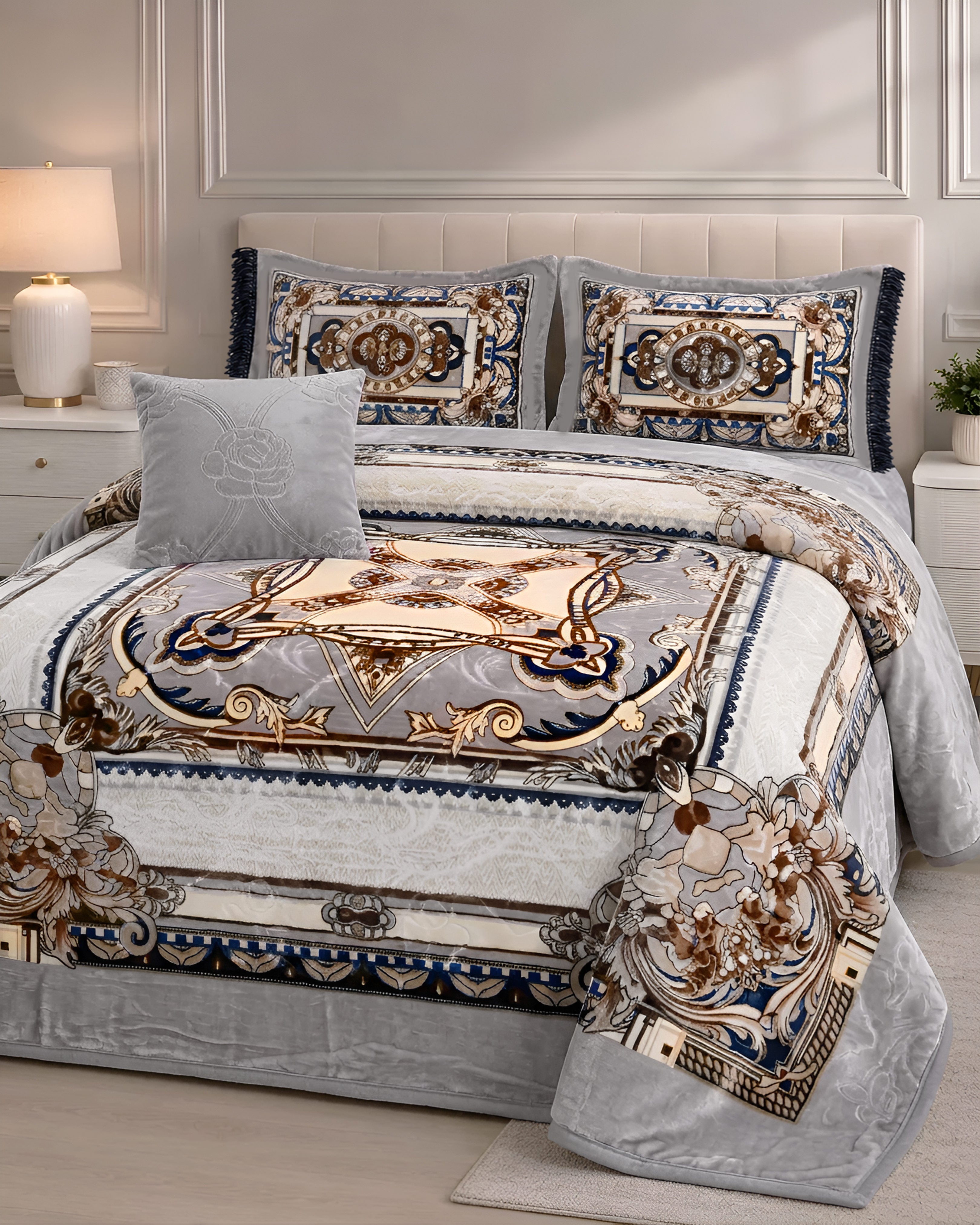 Arzoo Cloudy Bridal Bed Set 7 Pcs - Stone