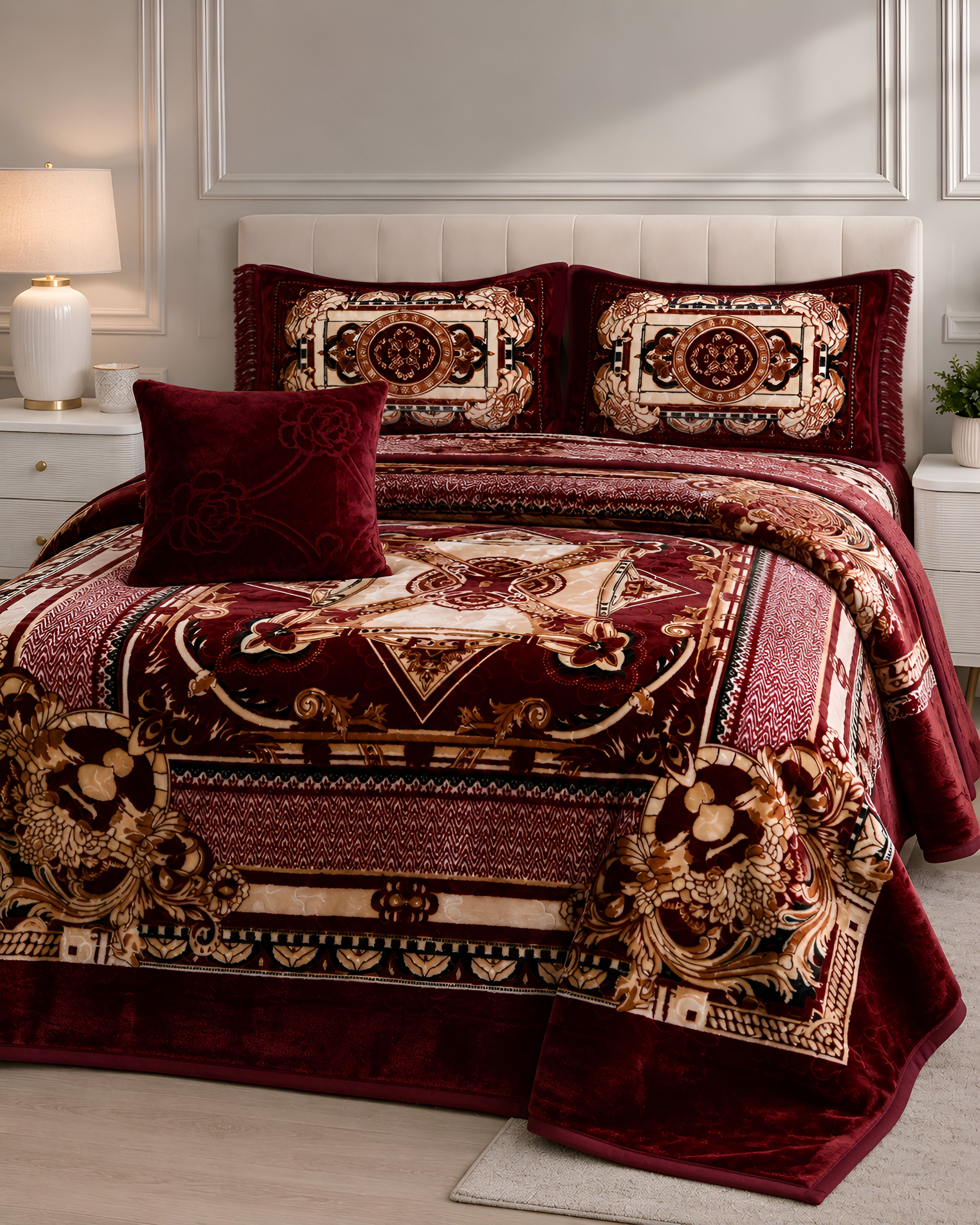 Arzoo Cloudy Bridal Bed Set 7 Pcs - Claret