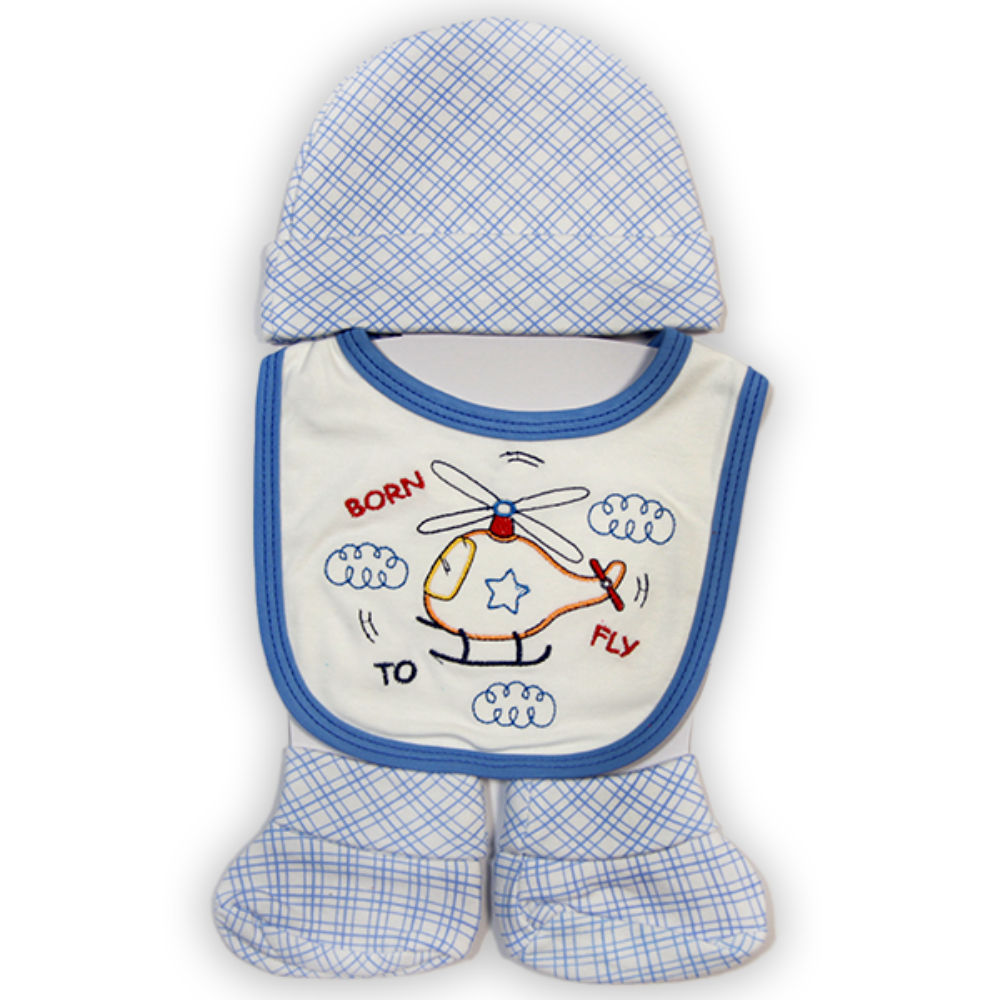 3 Pieces Baby Cap Set- Blue Chequered