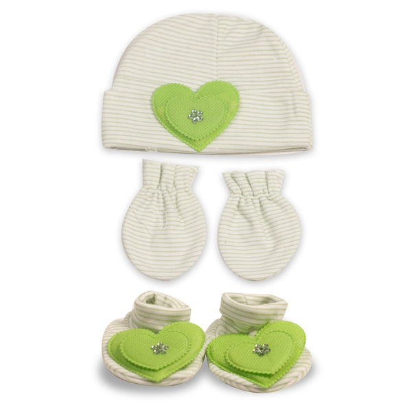 3 Pieces Baby Cap Set- Mom hug's Comfy- Green Heart